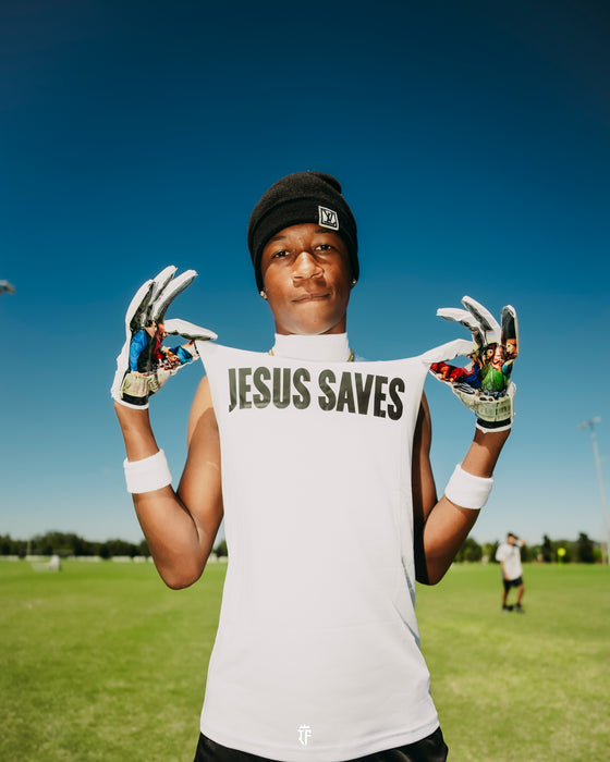 "JESUS SAVES" High Collar Sleeveless Compression Shirt